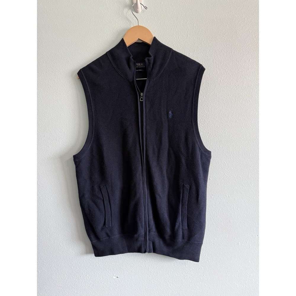 Polo Ralph Lauren Mens L Navy Blue Pima Cotton Full Zip Mock Neck Sweater Vest
